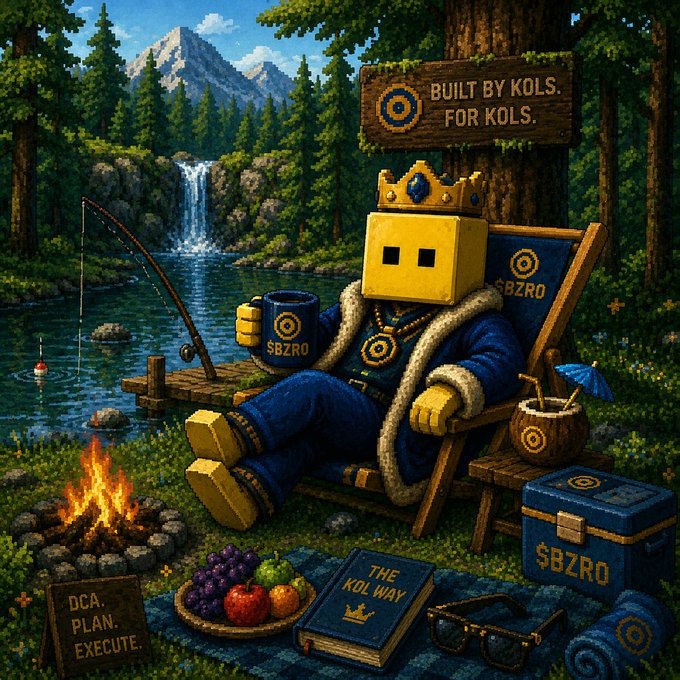 A pixel-art style image shows a blocky character wearing a crown and blue robe sitting on a chair labeled "$BZRO" by a lake, with a sign reading "BUILT BY KOLS. FOR KOLS." and another reading "DCA. PLAN. EXECUTE.".