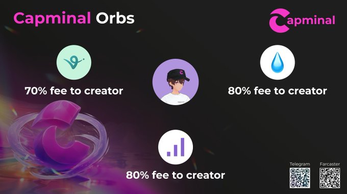 The image features a poster for Cap Orbs, which is a cryptocurrency wallet designed to support token launches across three different platforms - virtuals, @clanker_world, and @liquid_launcher. The poster displays various statistics about these platforms, including the percentage of creators who can earn 80% fees on their tokens, as well as the fee structure for each platform.