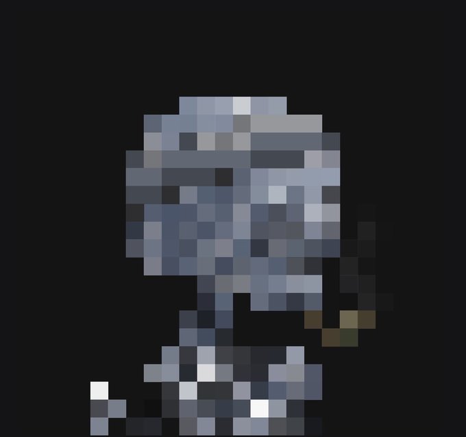A heavily pixelated, low-resolution image depicts a gray and white figure with sunglasses against a black background.