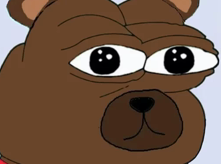 A cartoon illustration of a brown bear's face with large, glossy, teary eyes looking slightly upward against a white background.