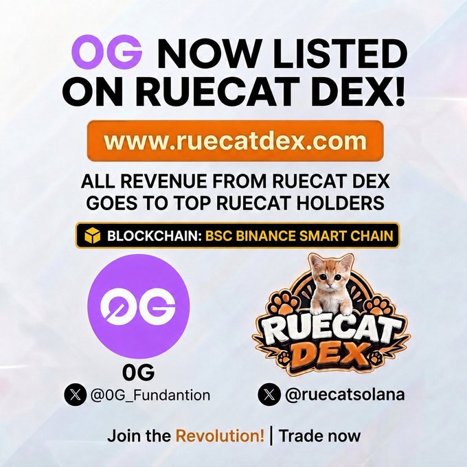 A promotional graphic announcing 'OG NOW LISTED ON RUECAT DEX!' with the website www.ruecatdex.com, noting all revenue goes to top Ruecat holders on the BSC Binance Smart Chain, featuring the OG token and Ruecat Dex logos with Twitter handles @0G_Fundantion and @ruecatsolana.