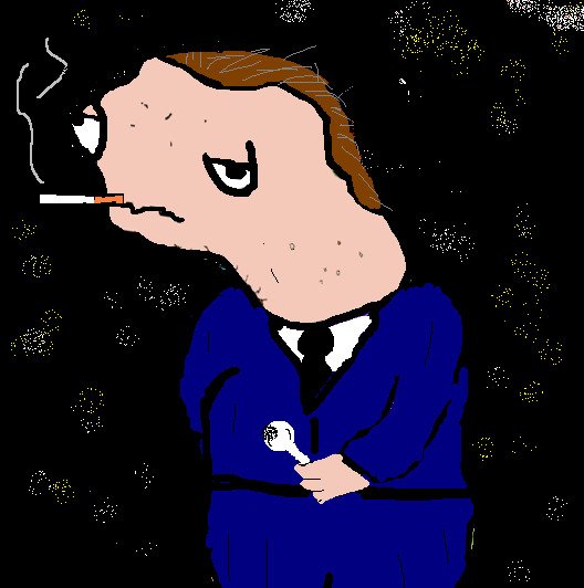 A cartoon drawing of a man in a blue suit smoking a cigarette, looking exhausted or sad, holding what appears to be a small object in his hand against a black background.