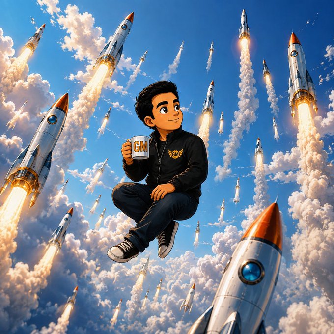 Digital artwork depicting a young boy floating or sitting in the sky surrounded by numerous rockets launching upward through clouds, holding a mug labeled "GM."