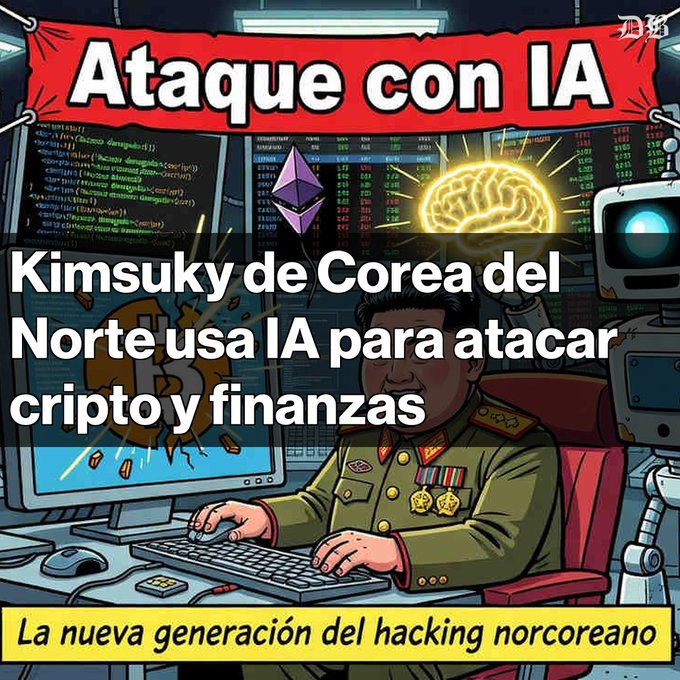 A Spanish-language meme/thumbnail with text 'Ataque con IA - Kimsuky de Corea del Norte usa IA para atacar cripto y finanzas - La nueva generación del hacking norcoreano', depicting a cartoon of Kim Jong-un typing at a computer alongside a robot, brain, and Ethereum logo.