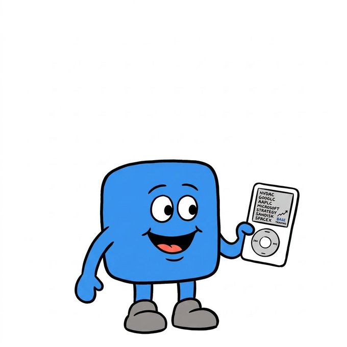 A blue cartoon mascot character holds up an iPod displaying a stock portfolio screen listing tickers including NVDAC, GOOGLC, AAPL, MICROSFT, STRATECY, SANDISK, and SPACEX.