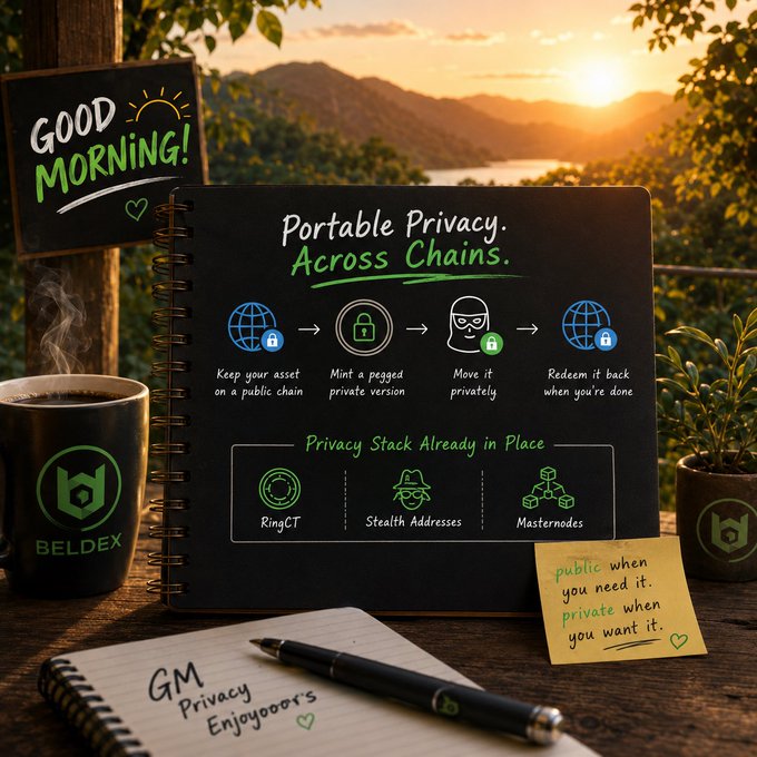 A 'Good Morning!' themed marketing image for BELDEX displayed on a notepad against a mountain sunrise backdrop, explaining 'Portable Privacy. Across Chains.' with steps: keep asset on public chain, mint pegged private version, move privately, redeem when done.