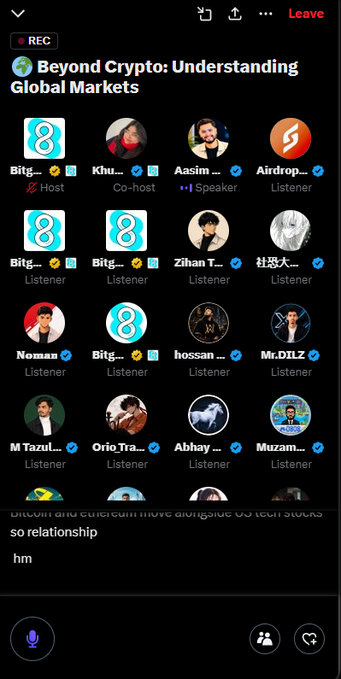 A mobile app screenshot of a live audio room titled 'Beyond Crypto: Understanding Global Markets' showing multiple participants including a host, co-host, and listeners.