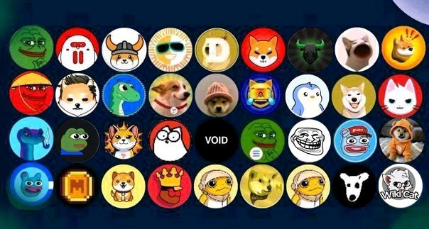 A grid of colorful memecoin icons, including recognizable tokens like VOID and Wild Cat, features various meme characters such as Shiba Inus, Pepe, and cartoon animals. The image illustrates the "Which #memecoins is leading your portfolio in 2026?" question by showcasing a diverse selection of popular and emerging meme-inspired cryptocurrencies.
