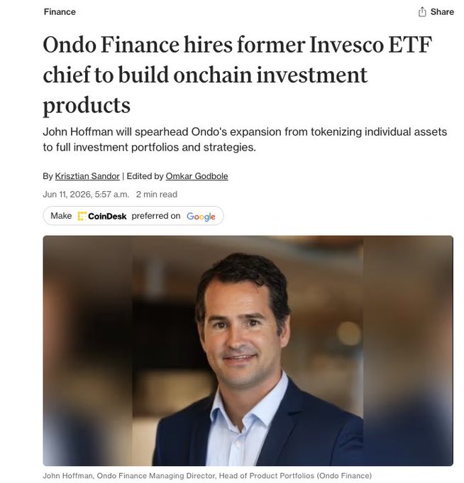 The image features a man wearing a suit, standing against a blurred background that appears to be a kitchen or dining area with a table and chairs. The text of the image reads "John Hoffman will spearhead @OndoFinance's expansion from tokenizing individual assets to full investment portfolios and strategies." This suggests that John Hoffman is being hired by Ondo Finance to lead their expansion into tokenized asset management, which involves using digital tokens to invest in various financial products.