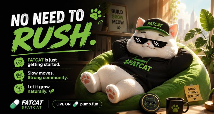 Promotional graphic for FATCAT cryptocurrency featuring a white cat wearing sunglasses and a black cap with "FATCAT" text, lounging on a green beanbag with the slogan "NO NEED TO RUSH" and bullet points about the project being just getting started, slow moves, strong community, and letting it grow naturally. Live on pump.fun.