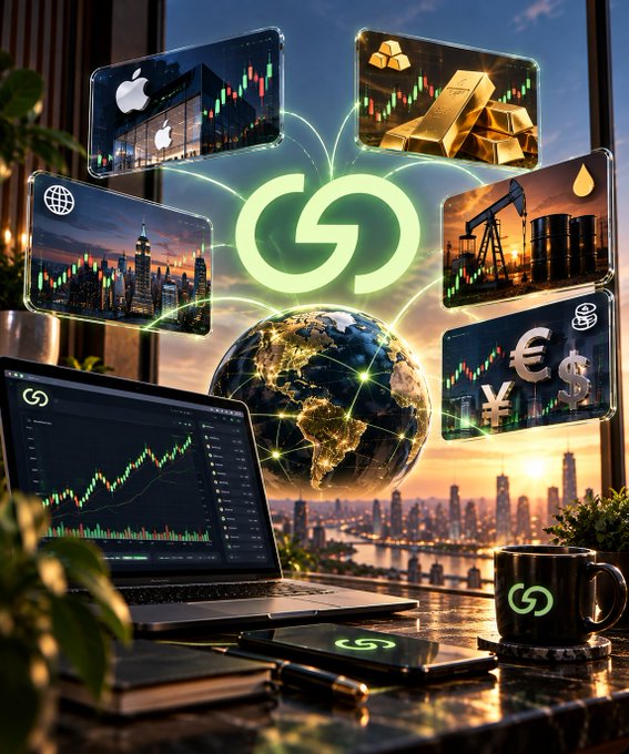 A glowing green finance logo appears across a globe, laptop, phone, and mug, surrounded by screens showing stock charts, gold bars, oil, and currency symbols.