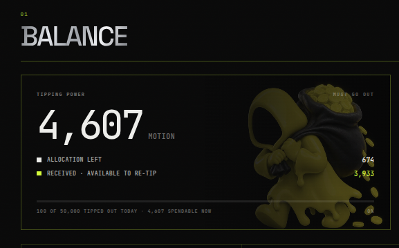 A dark-themed digital dashboard displays 'BALANCE' with 'TIPPING POWER 4,607 MOTION', showing 'ALLOCATION LEFT 674' and 'RECEIVED - AVAILABLE TO RE-TIP 3,933' next to a hooded figure.