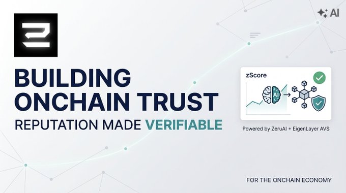 A promotional banner reading 'BUILDING ONCHAIN TRUST - REPUTATION MADE VERIFIABLE' with a ZeruAI logo, mentioning it is 'Powered by ZeruAI + EigenLayer AVS' and 'FOR THE ONCHAIN ECONOMY.'
