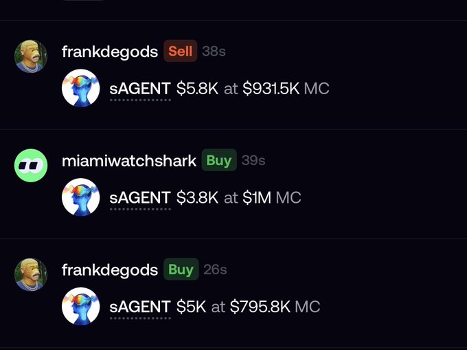 This appears to be a screenshot of meme coin pump.fun trades on Solana that received from X (Twitter) showing rapid transactions of sAGENT involving a trader named "frankdegods" who is selling for $5.8K at $931.5K market cap while "miamiwatchshark" buys the same ticker for $3.8K at $1M MC, with a final buy from "frankdegods" for $5K at $795.8K MC. The screenshot visually supports the post's reference to "Frank" potentially chasing a quick buy at a lower valuation after selling, highlighting the fast-paced, 26-39 second nature of meme coin trading activity.