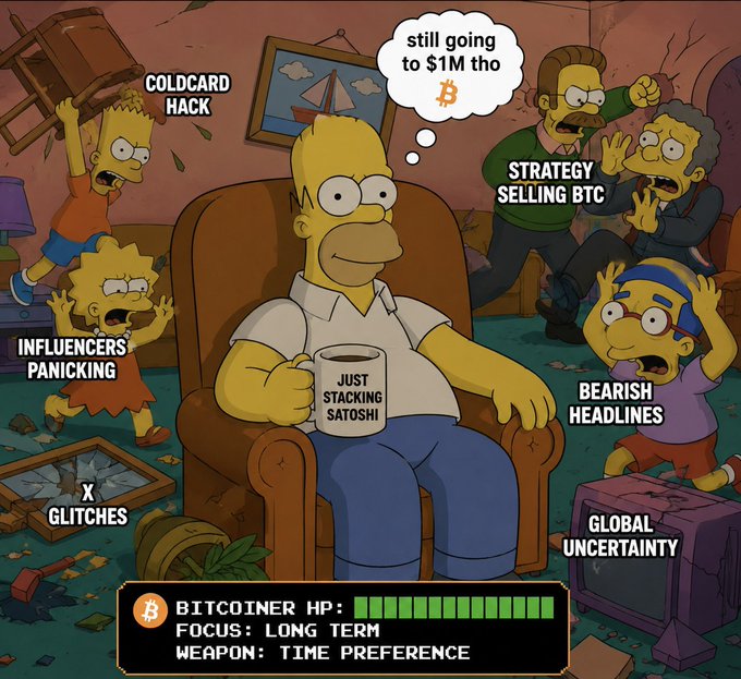 A Simpsons-style meme shows Homer Simpson calmly holding a 'JUST STACKING SATOSHI' mug while chaos surrounds him, with labels like 'INFLUENCERS PANICKING', 'BEARISH HEADLINES', and a bottom banner reading 'BITCOINER HP: FOCUS: LONG TERM, WEAPON: TIME PREFERENCE'.