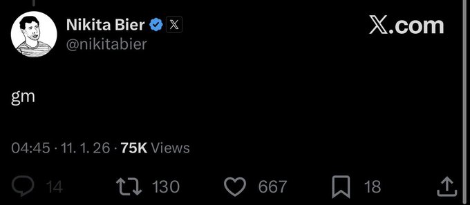 A tweet from Nikita Bier (@nikitabier) simply reads 'gm', timestamped 04:45, 11.1.26, with 75K views, 14 replies, 130 reposts, 667 likes, and 18 bookmarks.