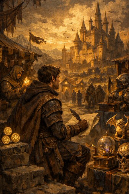 A fantasy illustration of an armored knight writing on parchment in a medieval camp setting, with a glowing castle, mountains, and warm golden lighting in the background.