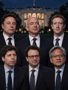 Six prominent tech executives, including Elon Musk, Jeff Bezos, Mark Zuckerberg, Sam Altman, Dario Amodei, and Jensen Huang, pose together in dark suits before the illuminated White House at dusk, following President Trump's meeting on industry standards and AI safety measures.
