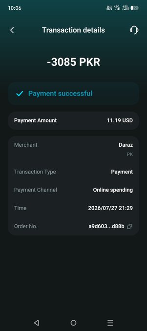 A mobile payment confirmation screen showing a successful transaction of -3085 PKR (11.19 USD) at Daraz (PK) via online spending on 2026/07/27 21:29.