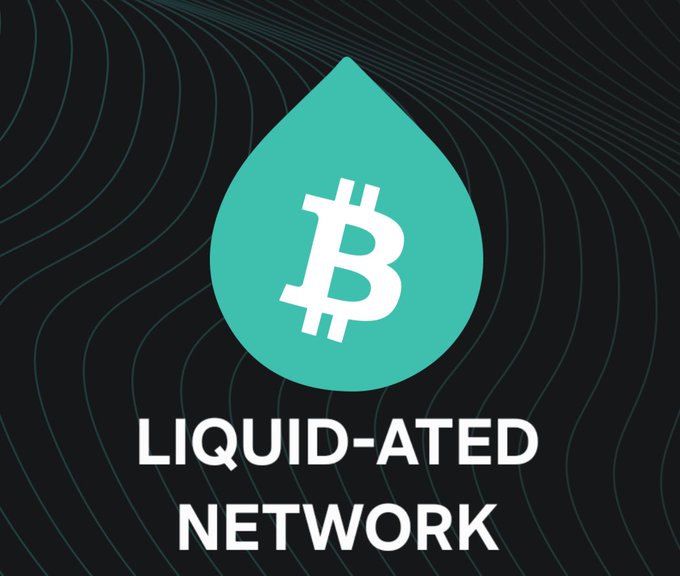 A teal Bitcoin logo in a teardrop shape appears above the text "LIQUID-ATED NETWORK" on a dark background with wavy line patterns.