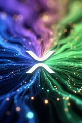 An abstract digital artwork displaying vibrant streaks of purple, blue, and green light radiating from a bright central point.