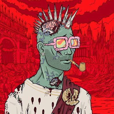 A stylized illustration of a green-skinned zombie-like character with spiked hair, pink sunglasses, and a pipe in his mouth, set against a red apocalyptic background.