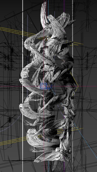 A 3D modeling workspace showing a detailed, twisted organic structure resembling intertwined dragon-like forms in wireframe and textured rendering modes.