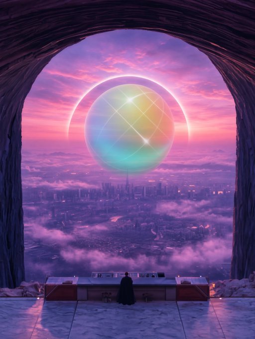 Fantasy digital artwork depicting a figure in a cape looking out from a cave at a futuristic purple city beneath a glowing iridescent orb.