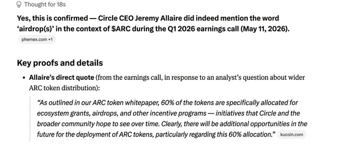 A screenshot of a chat response confirming that Circle CEO Jeremy Allaire mentioned 'airdrop(s)' regarding $ARC during the Q1 2026 earnings call on May 11, 2026, including a direct quote about 60% token allocation for ecosystem grants and airdrops.