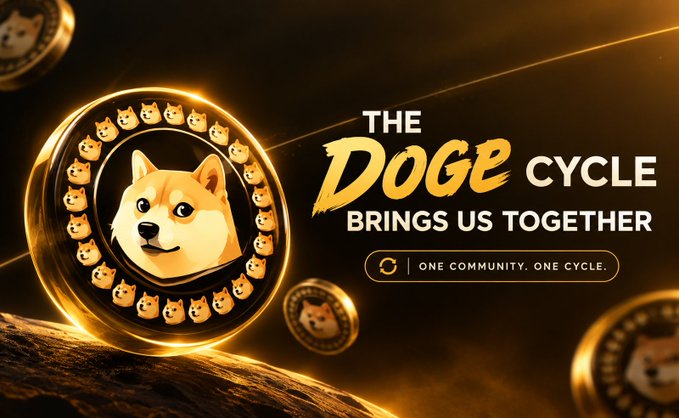 A promotional graphic displays a gold Dogecoin-style token with "THE DOGE CYCLE BRINGS US TOGETHER" and "ONE COMMUNITY, ONE CYCLE" tagline.