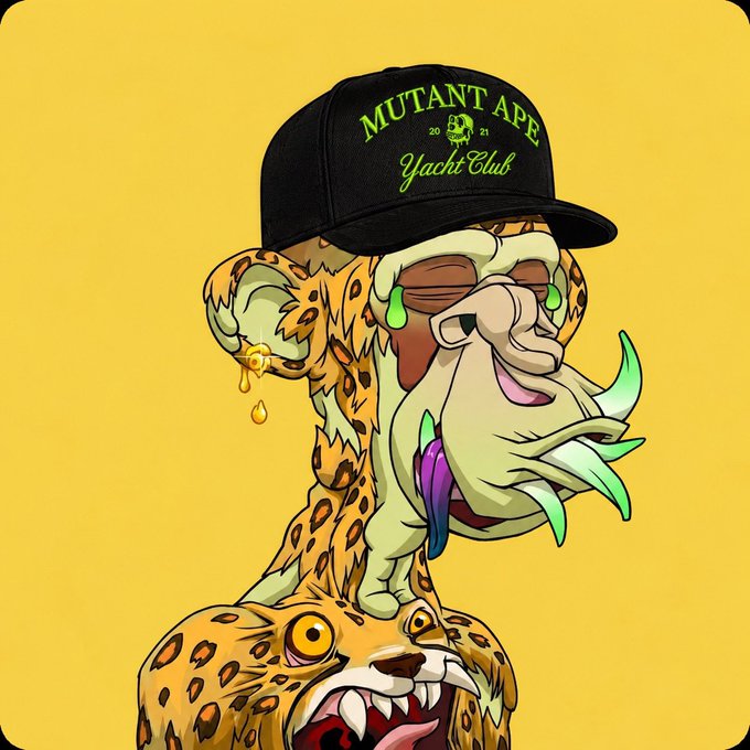 A digital illustration of a grotesque mutant ape with leopard-print fur, multiple eyes, sharp teeth, and dripping green tears, wearing a black 'Mutant Ape Yacht Club 2021' cap against a yellow background.