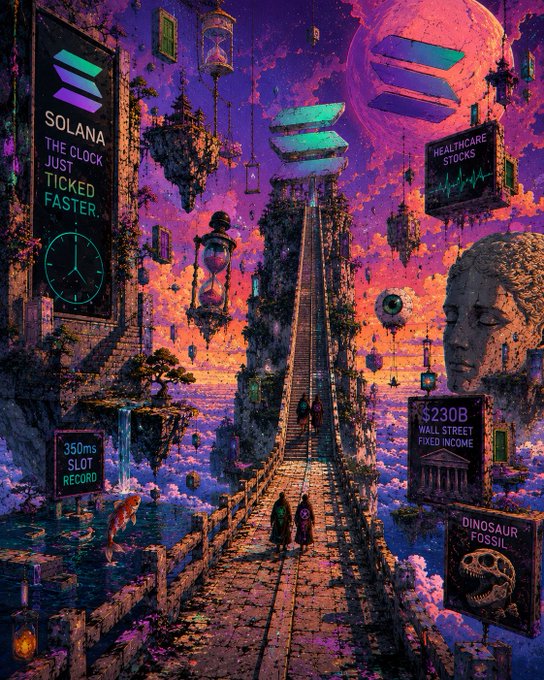 A colorful digital illustration of a fantasy landscape with floating structures and signs referencing "SOLANA THE CLOCK JUST TICKED FASTER", "350ms SLOT RECORD", "HEALTHCARE STOCKS", "$230B WALL STREET FIXED INCOME", and "DINOSAUR FOSSIL".