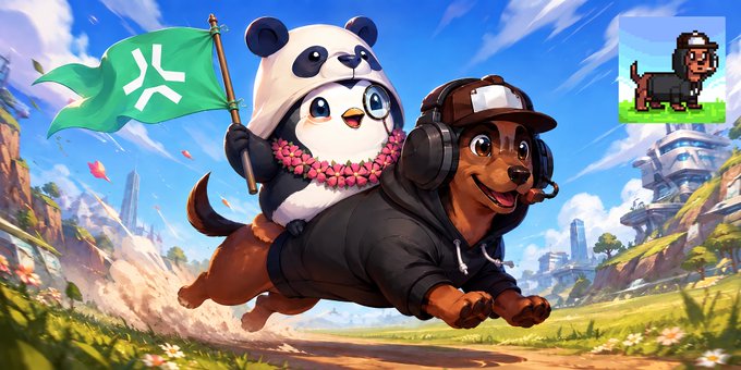 An animated-style illustration of a brown dog wearing headphones and a hoodie, running while carrying a small penguin wearing a panda hat and holding a green flag, with a small pixel-art character in the corner.