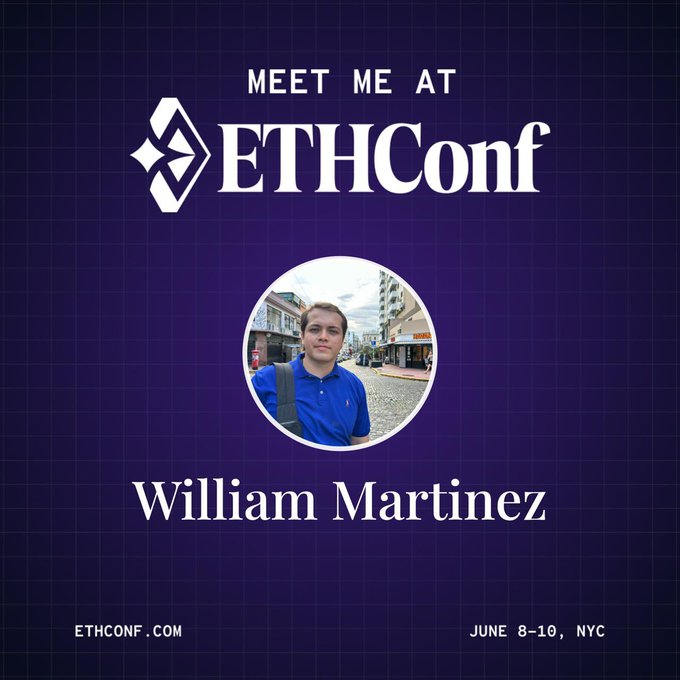 The image features a man wearing a blue shirt standing against a purple background. The text "Meet Me At EthCon" is displayed above him, indicating that he is attending an event related to cryptocurrency and blockchain technology. The image also includes a logo for the EthConf conference, which suggests that this gathering has attracted significant interest from various organizations and individuals in the financial and tech industries.
