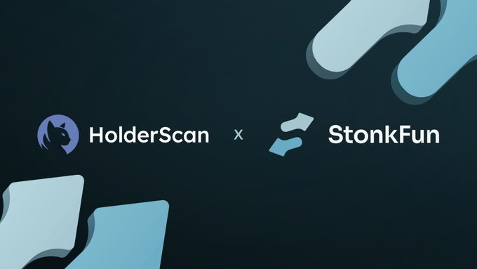 The image features the logos of "HolderScan" and "StonkFun" separated by an "x" on a dark blue background, with abstract light blue shapes decorating the corners. The graphic serves as a partnership announcement banner, visually representing the integration mentioned in the post where tokens graduating on StonkFun will automatically be listed on HolderScan within minutes.