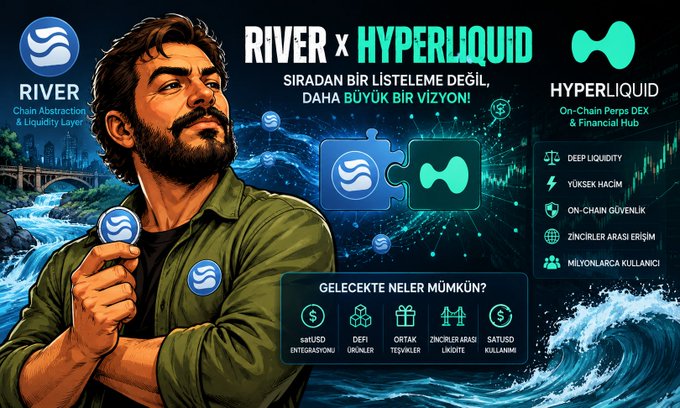 The image features a man with a beard holding two blue coins, one of which has the word "River" written on it. The background of the image shows a river flowing through a cityscape, with a bridge visible in the distance. The caption below the image reads, "River x Hyperliquid: Göründününden Çok Daha Büyük Bir Hamlemiçin diktatini ın River'ın Hyperliquid tarafındaki hamleleri bir token listelemesi gibi görecektününü."