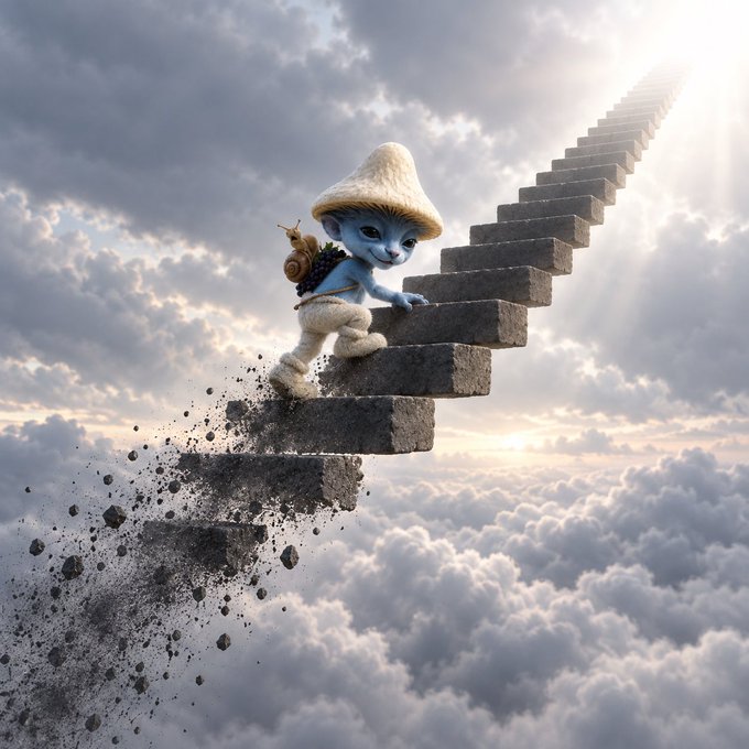 A blue Smurf wearing a mushroom cap climbs a crumbling stone staircase ascending through dramatic clouds toward a bright light, with debris falling from the disintegrating steps.