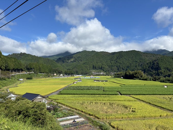 A scenic view shows terraced agricultural fields and rice paddies in a valley surrounded by forested mountains under a partly cloudy sky.