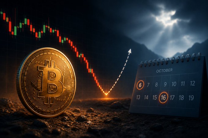 A Bitcoin coin standing upright against a dramatic dark background with a stock market candlestick chart showing a downward trend and a recovery arrow, alongside a calendar marking October 6th and 16th.