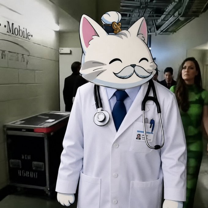 A person dressed as a doctor in a white coat, blue tie, and stethoscope walking down a hallway with a T-Mobile sign, whose head is replaced by a digital sticker of a smiling white cat with a mustache wearing a sailor hat.