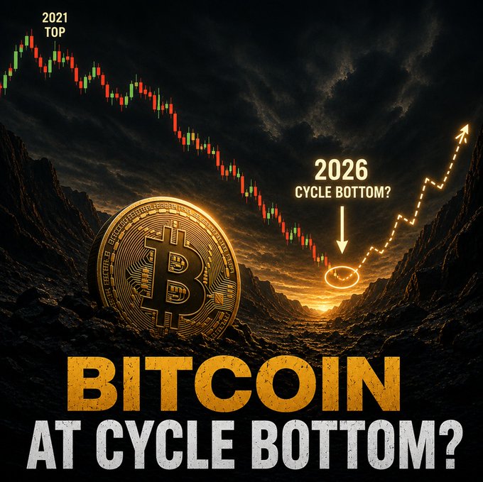 Bitcoin cycle prediction graphic with a coin in a dark valley, a candlestick chart from '2021 TOP' dropping toward a '2026 CYCLE BOTTOM?' marked by an arrow, and text reading 'BITCOIN AT CYCLE BOTTOM?'.