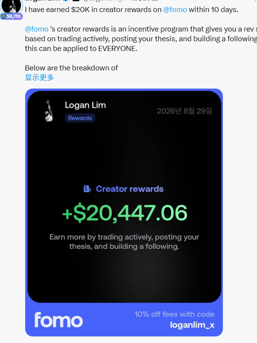 A social media post by Logan Lim (@50,791) showing creator rewards earned on fomo, displaying +$20,447.06 with a promo code 'loganim_x' for 10% off fees.