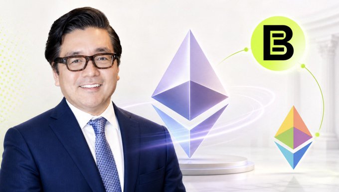 A man in a suit and glasses smiles beside a large Ethereum cryptocurrency logo, with smaller Bitcoin and Ethereum logos displayed on the right.