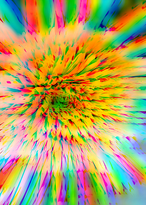 A vibrant abstract image with colorful streaks radiating outward from a central point in a psychedelic burst pattern.