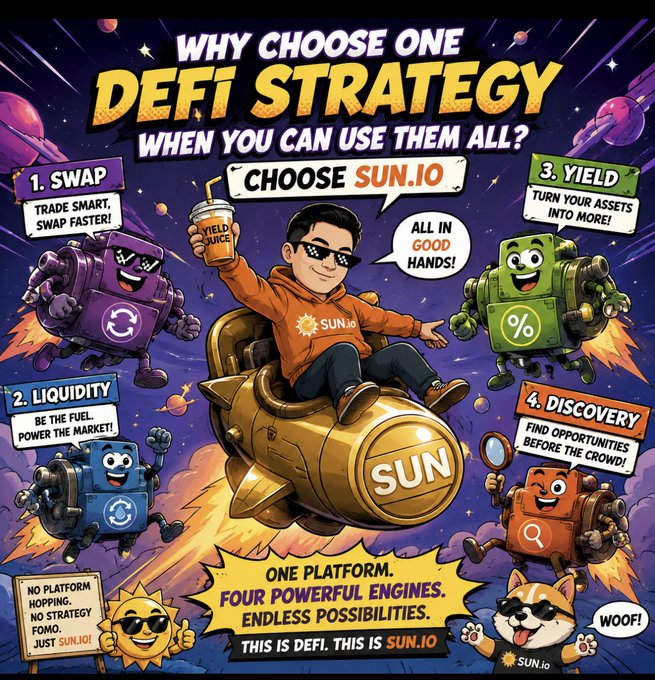 A vibrant cartoon-style infographic for SUN.io promotes an all-in-one DeFi platform featuring four engines: Swap (1), Liquidity (2), Yield (3), and Discovery (4), with a central character riding a "SUN" rocket alongside a Shiba Inu mascot and the tagline "WHY CHOOSE ONE DEFI STRATEGY WHEN YOU CAN USE THEM ALL?" and "ONE PLATFORM. FOUR POWERFUL ENGINES. ENDLESS POSSIBILITIES." The image visually reinforces the post's message by illustrating how SUN.io consolidates multiple DeFi strategies into a single ecosystem, eliminating the need to hop between platforms.
