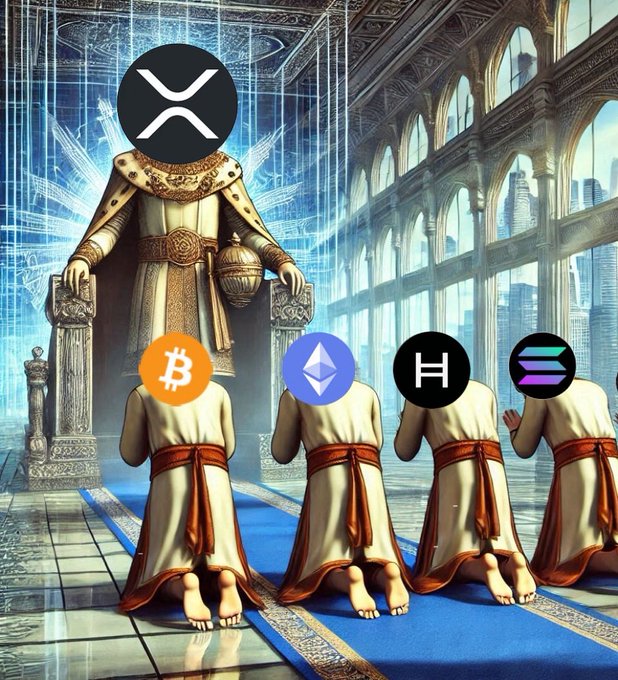 Digital artwork showing a robed figure with the XRP logo as its head, seated on a throne while figures bearing Bitcoin, Ethereum, HBAR, and Solana logos kneel before it.