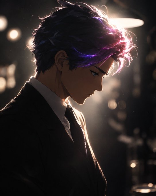 An anime-style illustration of a young man in a black suit and tie with dark hair featuring purple highlights, shown in profile with dramatic backlighting.