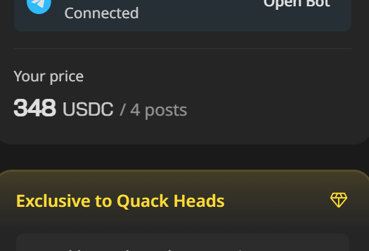 The image shows a close-up view of a phone screen displaying information about connecting to Quack Heads. The main focus is a list containing several options, with one option being "Your price" at $42 for four posts. The background color of the screen is black and yellow, giving the screen an interesting contrast that stands out against the white text on it.