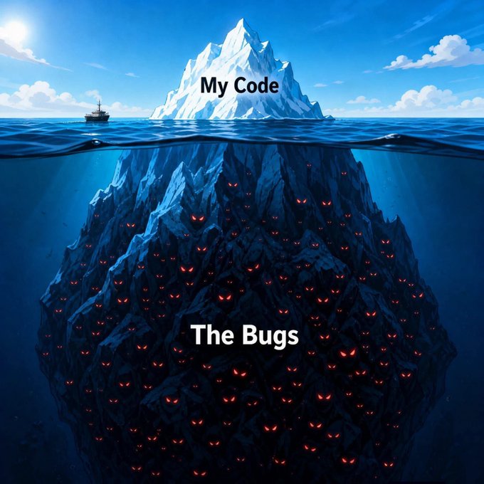 A meme-style image showing an iceberg with 'My Code' above the water and a massive submerged portion filled with red-eyed creatures labeled 'The Bugs'.