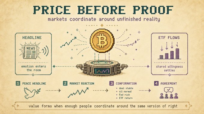 "Price before proof", "Markets turn unfinished reality into a price before reality has agreed with itself", "bitcoin reacting to the US Iran peace headlines, then attention moved back to the same boring confirmations" - these are all key concepts that will help you analyze and understand this image. The image portrays Bitcoin as one of several currency tokens that have been listed on a market exchange, where its price is determined by whether it has already reached a predetermined value before being confirmed or not. In the context of the post, we can infer that the Bitcoin price may be fluctuating due to news and events like the US Iran peace headlines, which could influence the perceived value of the currency token and affect its price. This demonstrates how real-world events can impact the market dynamics and prices in the virtual world represented by these digital tokens.